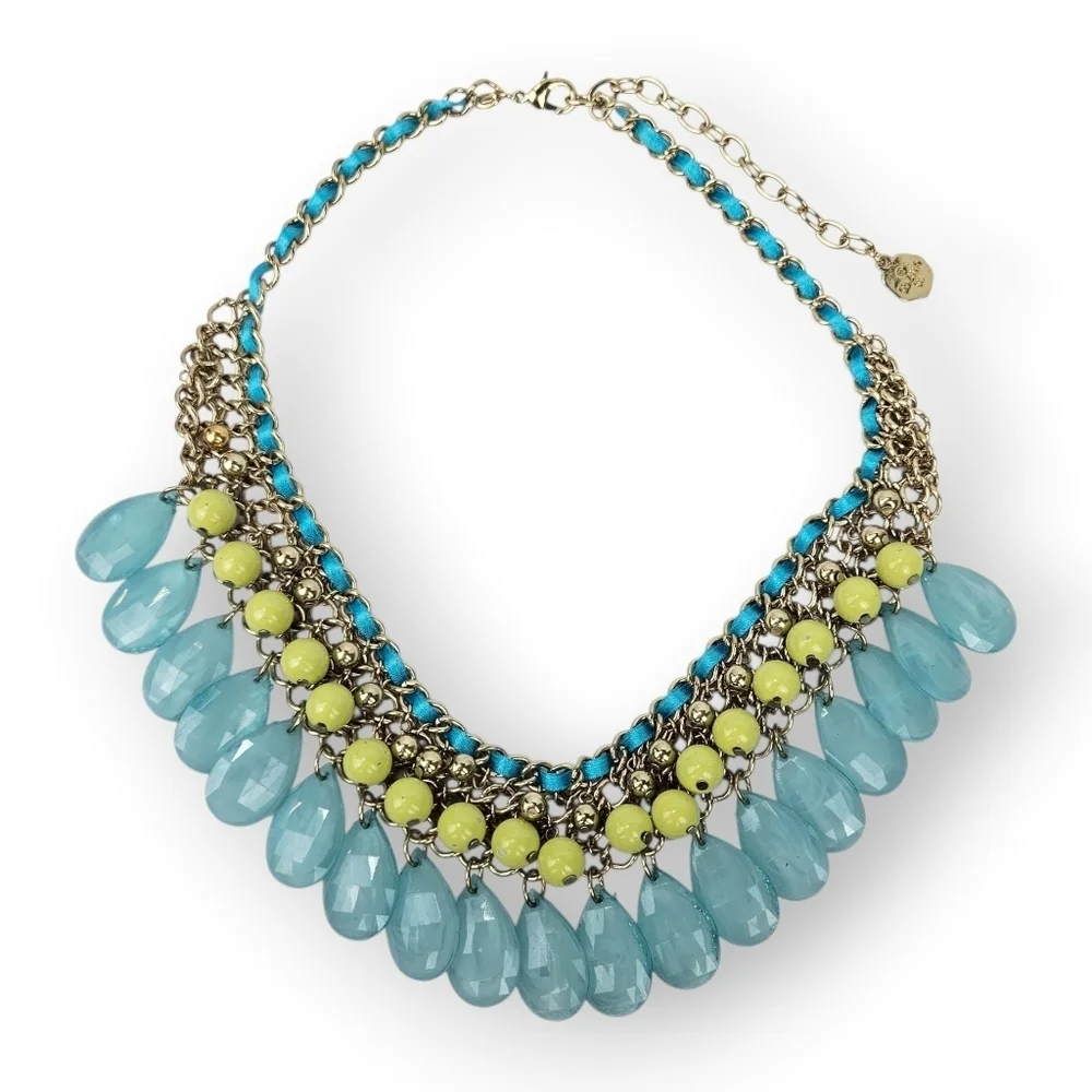 RJ Graziano Statement Chain Necklace Faux Turquoise Bib Green Blue Gold Tone 18
